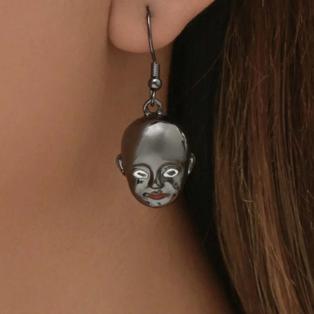 Gunmetal Doll Face Drop Earrings - Picture 4 of 7